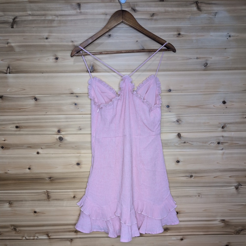 Hello Molly Pink Ruffle V-Neck Mini Dress Crinkle Tiered Flounce Size 6 - Picture 4 of 10